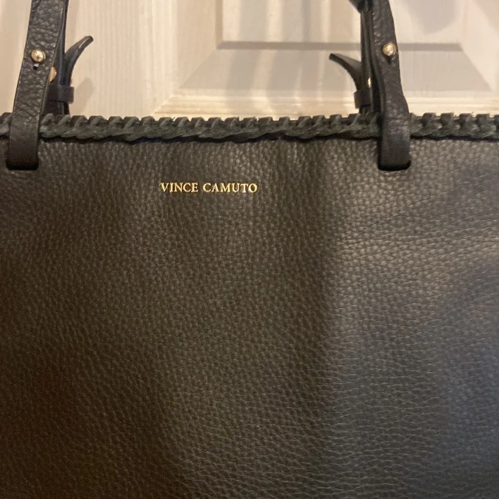 BLACK leather Vince Camino purse handbag woven design top and fringe accent